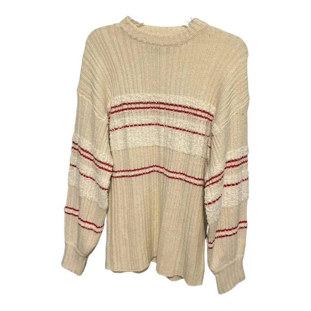 Urban Outfitters Snuggle Up Striped Pullover Sweater Sz XS Cream Red Cozy Fuz…